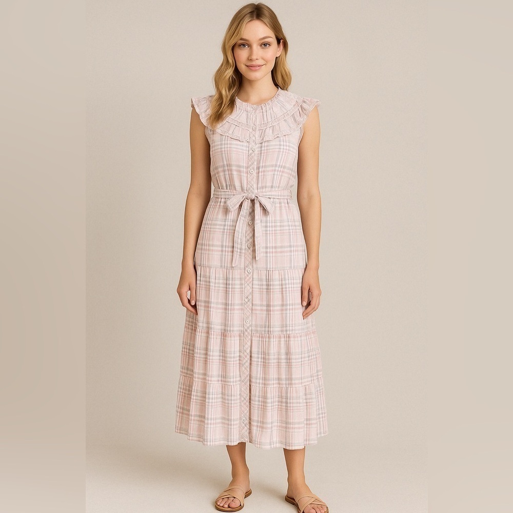 Adelyn Rae Pink Plaid Ruffle Midi Dress Sleeveless Tiered, Size Small